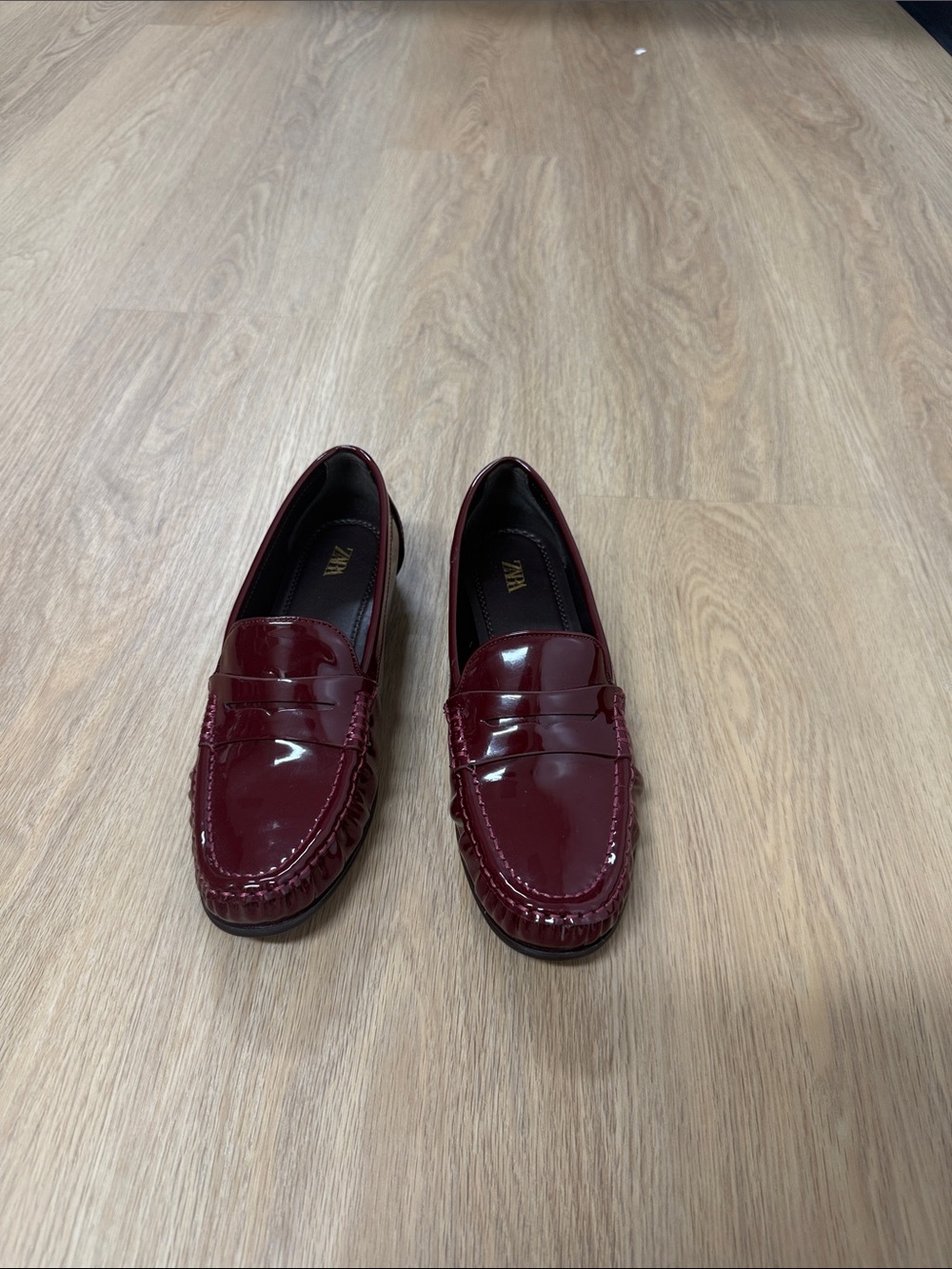 Zara Women's Glossy Wine Red Penny Loafers